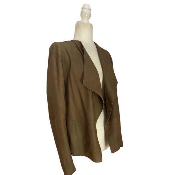 Vince Leather Jacket Draped Collar Open Front in Cocoa Brown - Picture 4 of 11